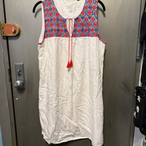 Boho Red, White & Blue Embroidery Sleeveless Linen Peasant Shift Mini dress - Picture 14 of 16